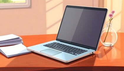 A_cartoonish_clipart_style_of_A_sleek_silver_laptop_rests_on_a_polished_wooden_desk,_its_screen_reflecting_the_soft_glow_of_a_nearby_window Generative AI