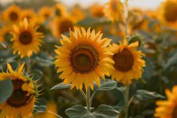 Obraz premium A field filled with blooming sunflowers showcases vivid golden petals under the warm light of sunset. Nature thrives as the sun sets in the background