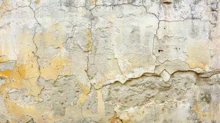 Sierkussen Verweerde muur A weathered wall displays cracks and peeling paint, showcasing an intriguing blend of yellow and gray hues under natural light, typical of an urban environment  © Formoney