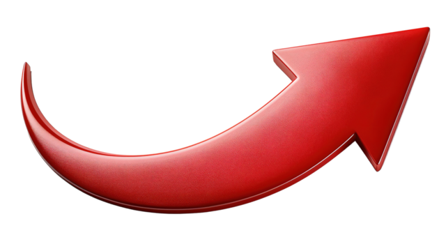 Right-pointing curved red arrow isolated on transparent background PNG