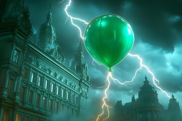 A green glowing balloon floating above the city in front of an old building with lightning striking it from behind, dark fantasy, in the style of digital art