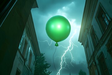 A green glowing balloon floating above the city in front of an old building with lightning striking it from behind, dark fantasy, in the style of digital art
