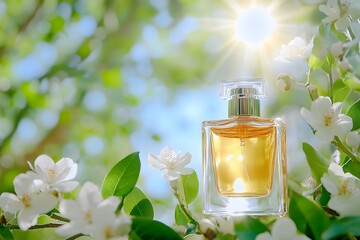 A perfume bottle with golden liquid inside, surrounded by white flowers and green leaves. Sunlight shines through the trees