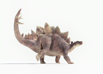 Stegosaurus walking on a white background, showcasing its distinctive spine plates and strong limbs