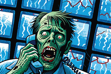 A decaying, screaming zombie stockbroker frantically yells into a smashed, antique telephone receiver amidst scattered financial documents.