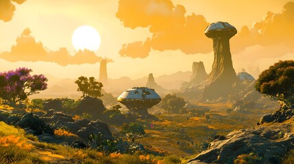 A cinematic view of a colony on an alien world, with domed habitats and towering alien structures in the distance.