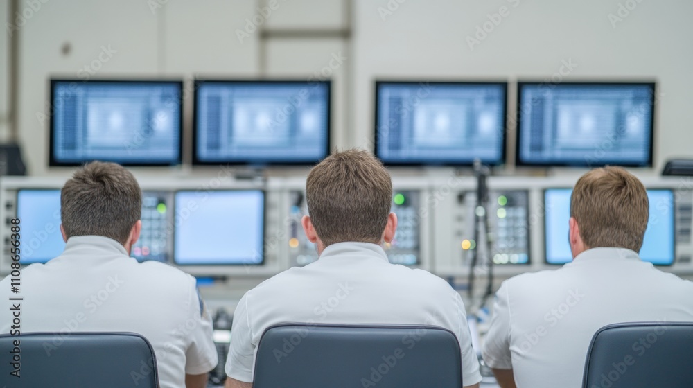 Poster space mission control team observing high-tech monitors in modern control room