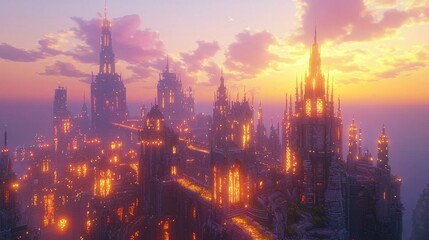 Obraz premium Futuristic AI Video Game Cityscape at Sunset - A Visual Masterpiece of Vibrant Lights and Intricate Architecture