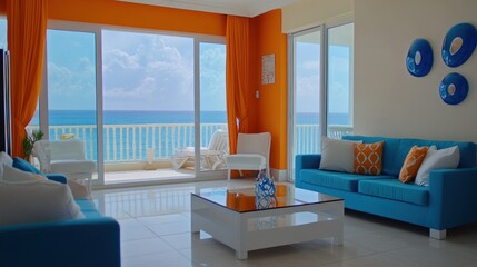 Ocean View Living Room Modern Decor Bright Colors