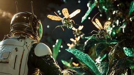 A high-resolution close-up of alien insects crawling over strange, metallic plants as an astronaut observes.