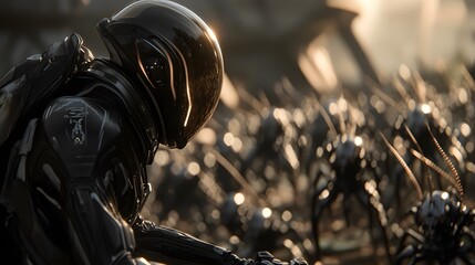 Fototapeta premium A high-resolution close-up of alien insects crawling over strange, metallic plants as an astronaut observes.