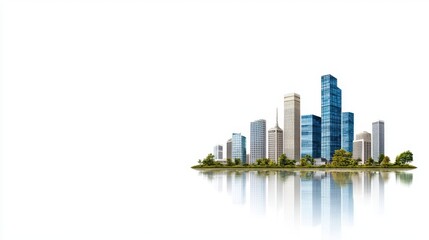 Obraz premium Modern City Skyline Reflection with Clear Blue Water and Lush Green Landscape