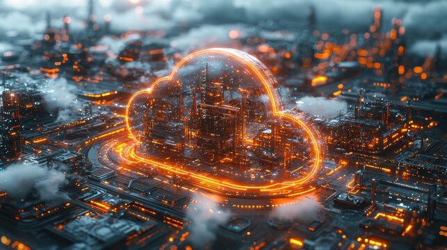 Futuristic Cityscape with Glowing Cloud Symbol Representing Digital Technology - Powered by Adobe