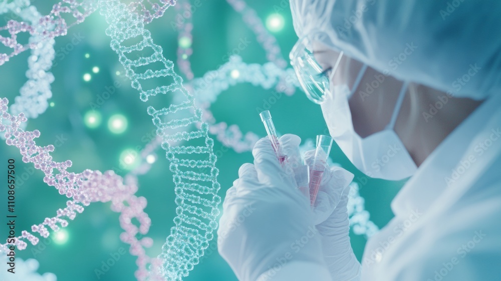 Poster focused scientist analyzing dna in high-tech laboratory setting