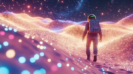 Obraz premium An astronaut walking through a shimmering alien desert, with shifting sand dunes made of glowing particles.