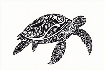 Fototapeta premium A striking sketch of a Maori tribal tattoo (ta moko) of turtle , with dense black lines and spirals forming a flowing composition. The design emphasizes cultural symbols like koru (fern) and hei matau