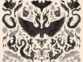 Fototapeta premium A striking monochrome cover filled with dense black tattoo sketches of varying sizes, such as snakes, wings, sacred geometry, and mythological creatures, arranged in an organic flow