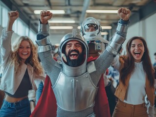 Celebrating Pretend To Be A Time Traveler Day with Multiracial Coworkers in Creative Costumes - Perfect for Halloween and International Fun at Work Day