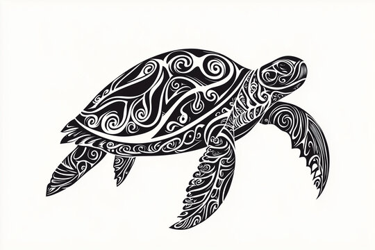 A striking sketch of a Maori tribal tattoo (ta moko) of turtle , with dense black lines and spirals forming a flowing composition. The design emphasizes cultural symbols like koru (fern) and hei matau