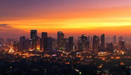 Fototapeta premium City skyline at sunset with illuminated buildings and vibrant colors.