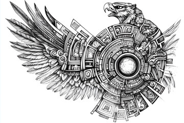 Fototapeta premium An intricate sketch of an Aztec tribal tattoo, showcasing elements like the sun stone, jaguars, eagles, and geometric glyphs. The design features sharp, angular lines and symbolic imagery