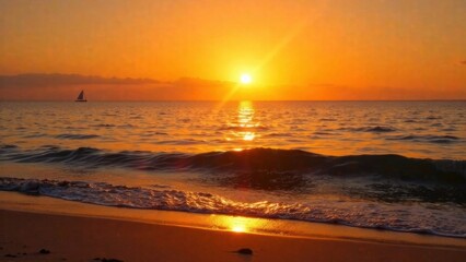 Fototapeta premium Golden sunlight reflects on ocean waves as a sailboat glides across the horizon at sunset, creating a serene coastal atmosphere. Generative AI