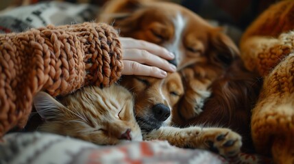 Obraz premium Woman's hand cradling a fluffy cat and dog, with a warm and cozy ambiance