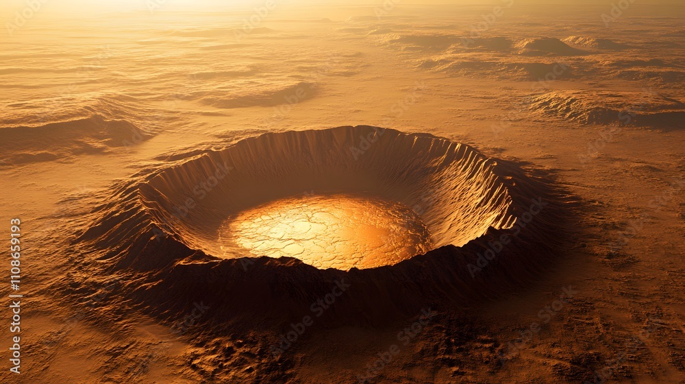 Poster Aerial view of an alien crater filled with shimmering liquid metal, surrounded by symmetrical ridges of glowing rock.
