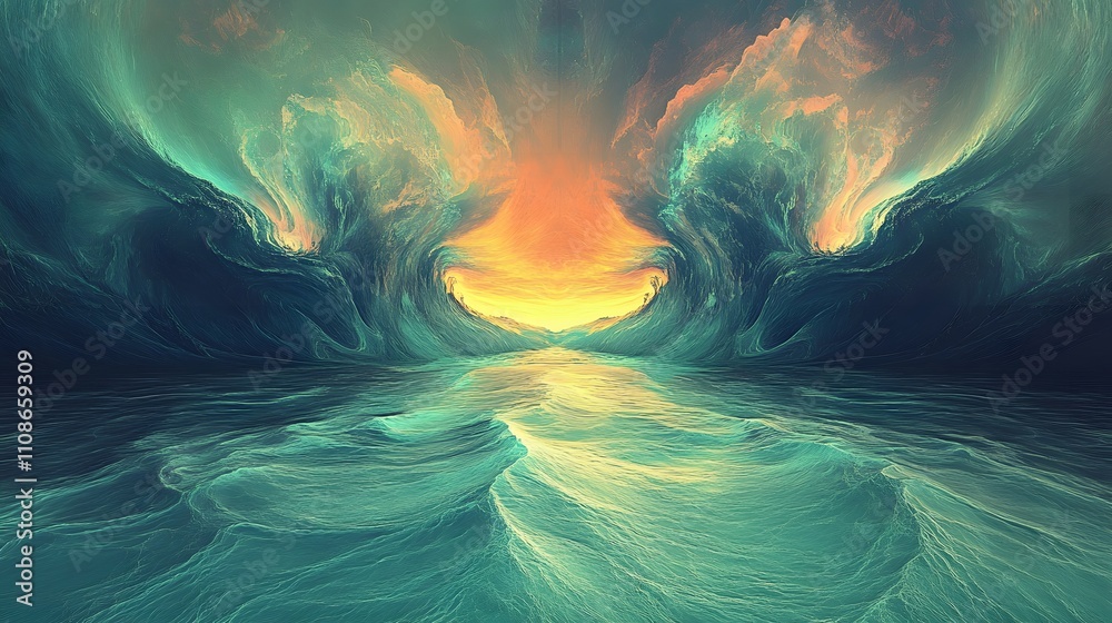 Poster An abstract view of an alien ocean with symmetrical waves glowing faintly under a vibrant alien sky.