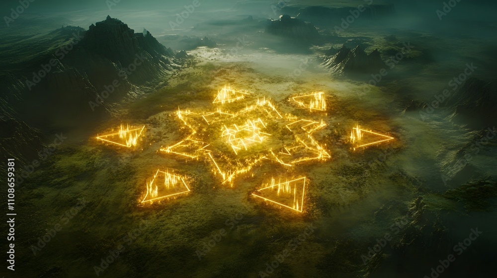Poster An aerial perspective of a vast alien plain covered in glowing geometric formations and symmetrical patterns.