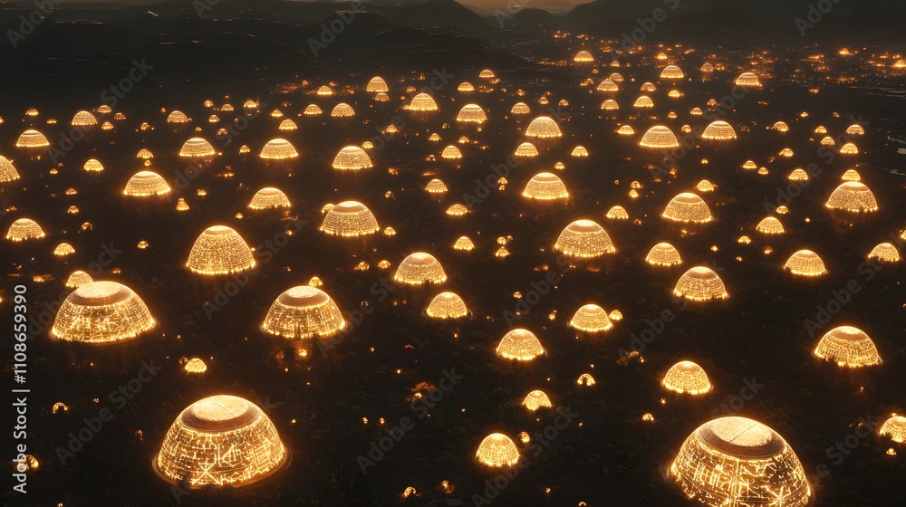 Poster an aerial perspective of a vast alien plain covered in glowing geometric formations and symmetrical 
