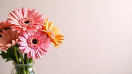 Fototapeta premium A bouquet of pink and yellow gerbera daisies is elegantly placed in a glass vase, showcasing their vibrant colors against a simple backdrop. Generative AI