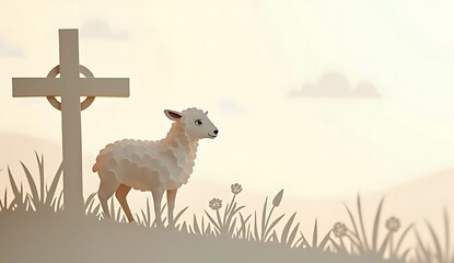 Fototapeta premium paper cut illustration of Lamb standing next to cross on Calvary hill
