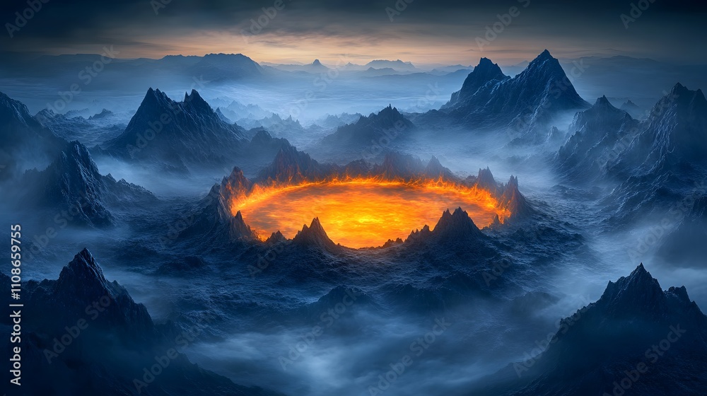 Poster aerial view of a symmetrical glowing crater surrounded by jagged alien peaks and swirling mist.