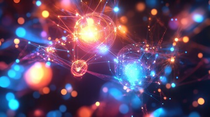 A colorful, abstract image of three glowing spheres in a black background