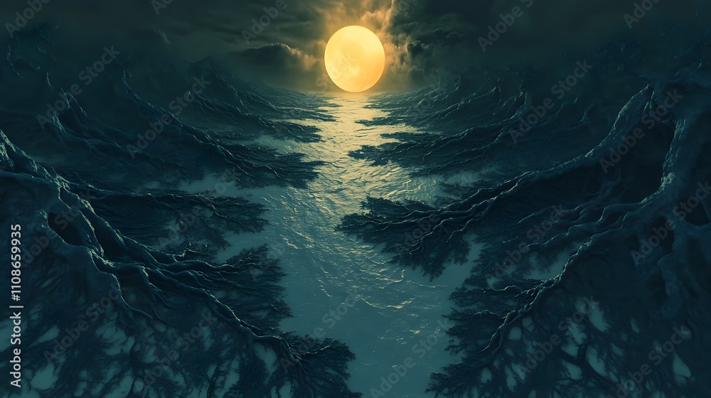 Poster A symmetrical view of an alien river delta glowing softly as it branches into fractal patterns.