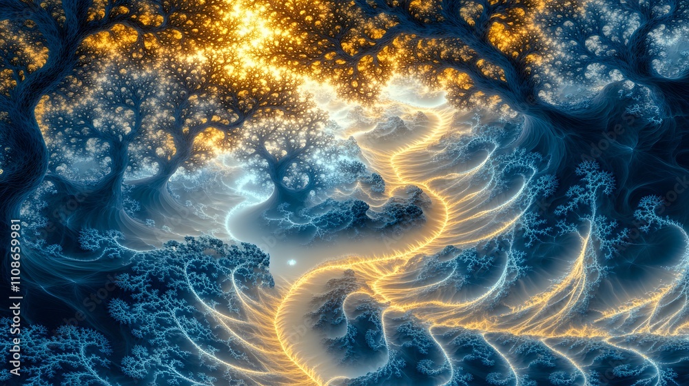 Poster A symmetrical view of an alien river delta glowing softly as it branches into fractal patterns.
