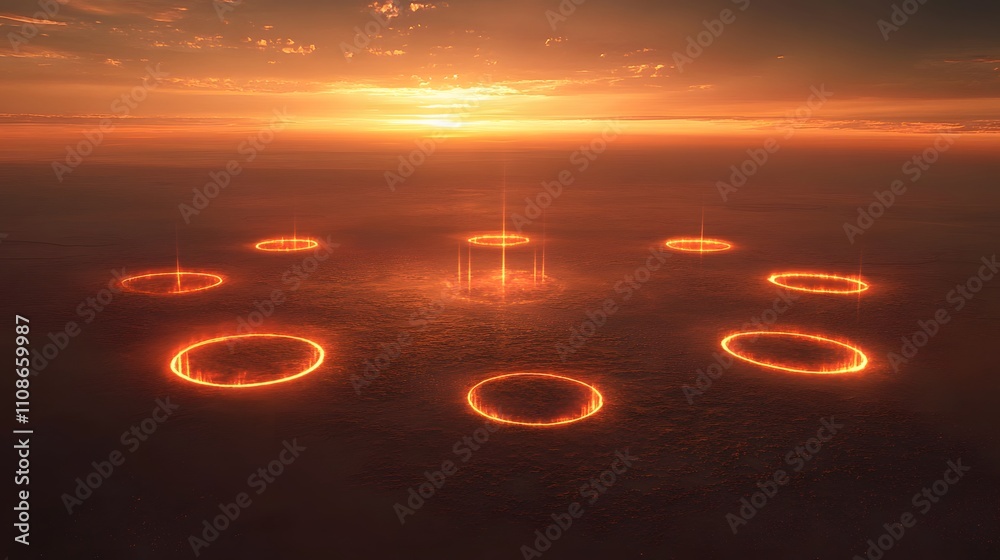 Poster a high-angle shot of glowing alien craters arranged in a perfect grid across a barren plain.