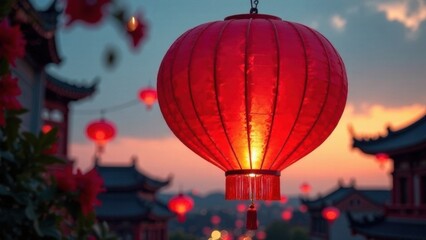 Fototapeta premium Colorful red lanterns hang above a historic town as the sun sets, filling the space with warmth and a festive ambiance. Generative AI
