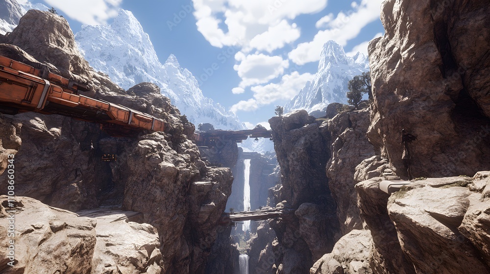 Poster a symmetrical view of a glowing alien waterfall cascading down a canyon surrounded by jagged peaks.