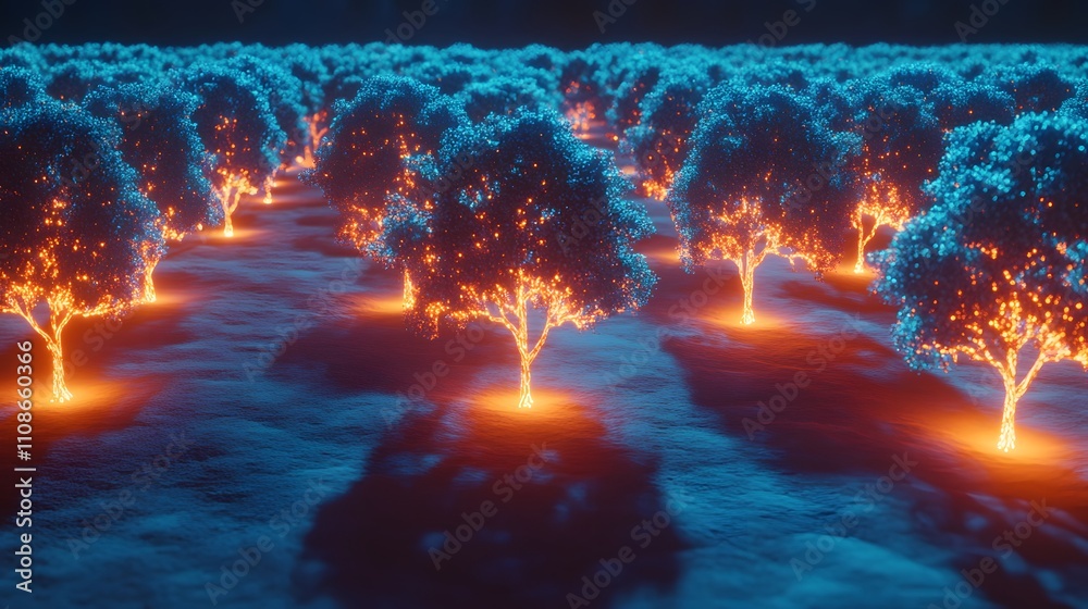 Poster Aerial view of glowing alien forests arranged in perfect symmetrical clusters across a vibrant plain.