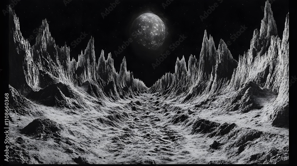 Poster A symmetrical view of a glowing alien waterfall cascading down a canyon surrounded by jagged peaks.