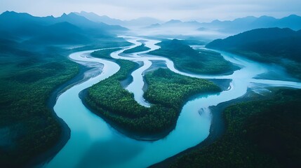 A high aerial perspective of glowing alien rivers carving perfect symmetrical spirals into the terrain.