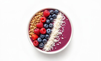 An illustration of a smoothie bowl topped with mixed grains, fresh berries, and shredded coconut, arranged in a beautiful, colorful pattern.