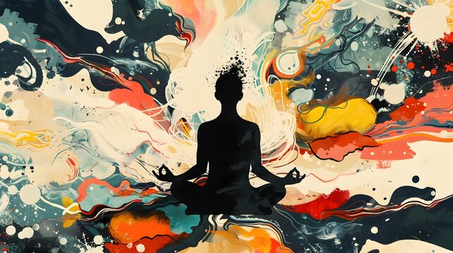 Meditative Figure Within Abstract Colorful Swirls