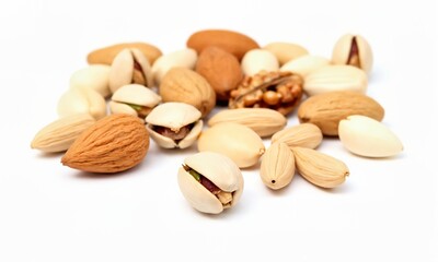 Obraz premium A collection of various healthy nuts like almonds, walnuts, and pistachios scattered across a white background, symbolizing healthy snacking with vibrant textures and natural appeal.