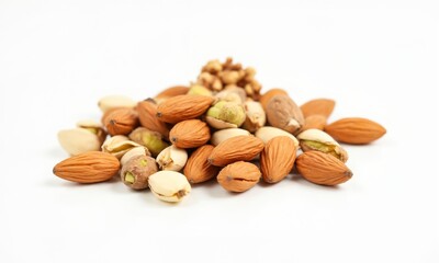 Obraz premium A collection of various healthy nuts like almonds, walnuts, and pistachios scattered across a white background, symbolizing healthy snacking with vibrant textures and natural appeal.
