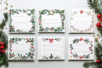 A grid of cute Christmas place cards for printing inspired by French themes. Each card should feature a festive Christmas aesthetic, incorporating French elements such as fleur-de-lis patterns