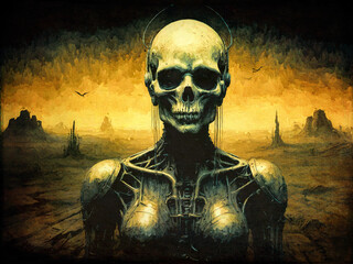 Futuristische Darstellung eines Skeletts in einer dystopischen W&uuml;stenlandschaft mit unheimlicher Beleuchtung