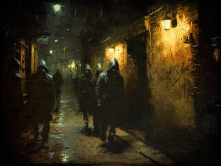 Dunkle Gasse mit geheimnisvollen Gestalten bei Nacht in einer urbanen Umgebung